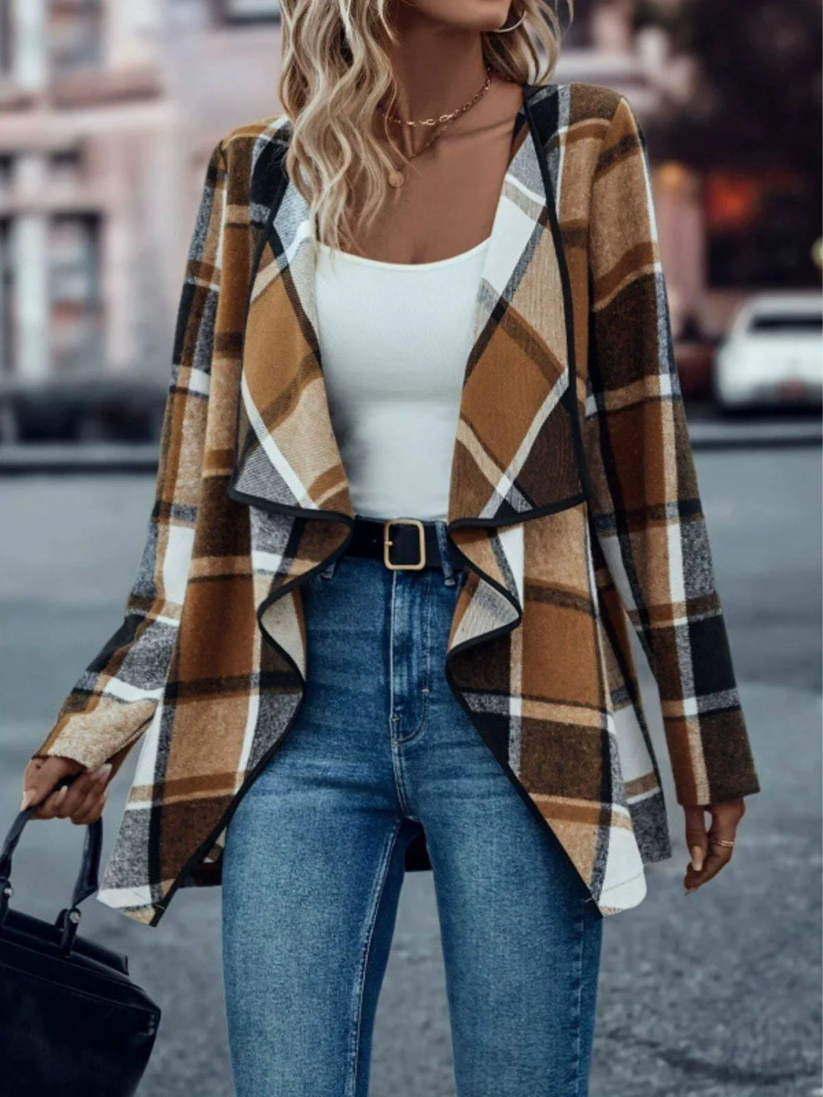Khaki 1950er Plaid Langarm Irregulär Jacke - Image 3