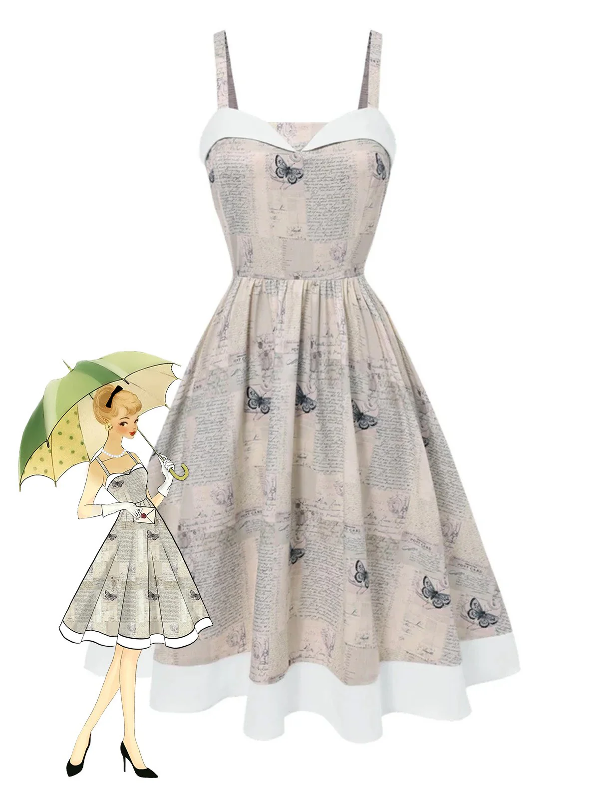 Khaki 1950er Zeitung Schmetterling Patchwork Kleid - Image 3