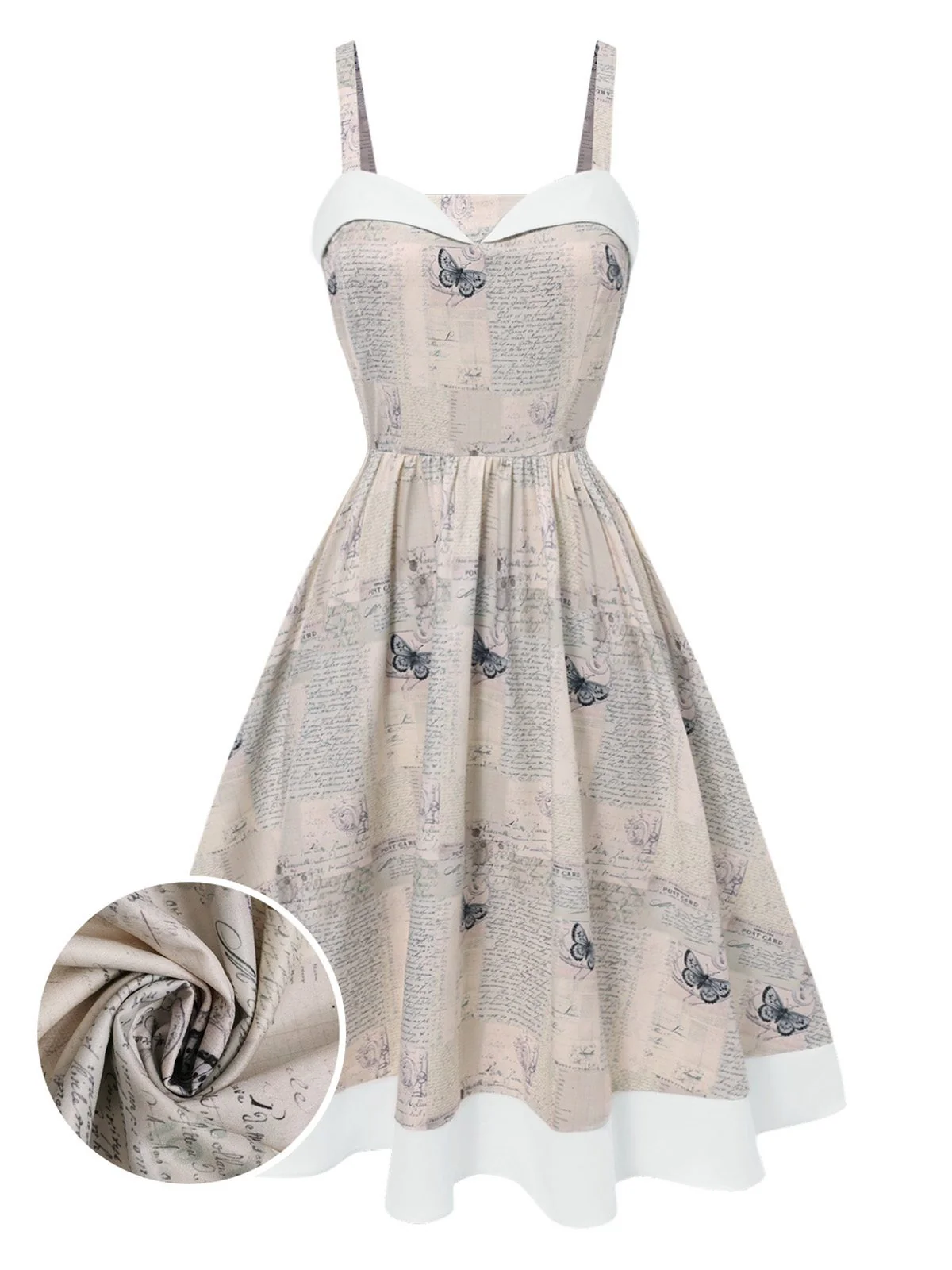 Khaki 1950er Zeitung Schmetterling Patchwork Kleid - Image 4
