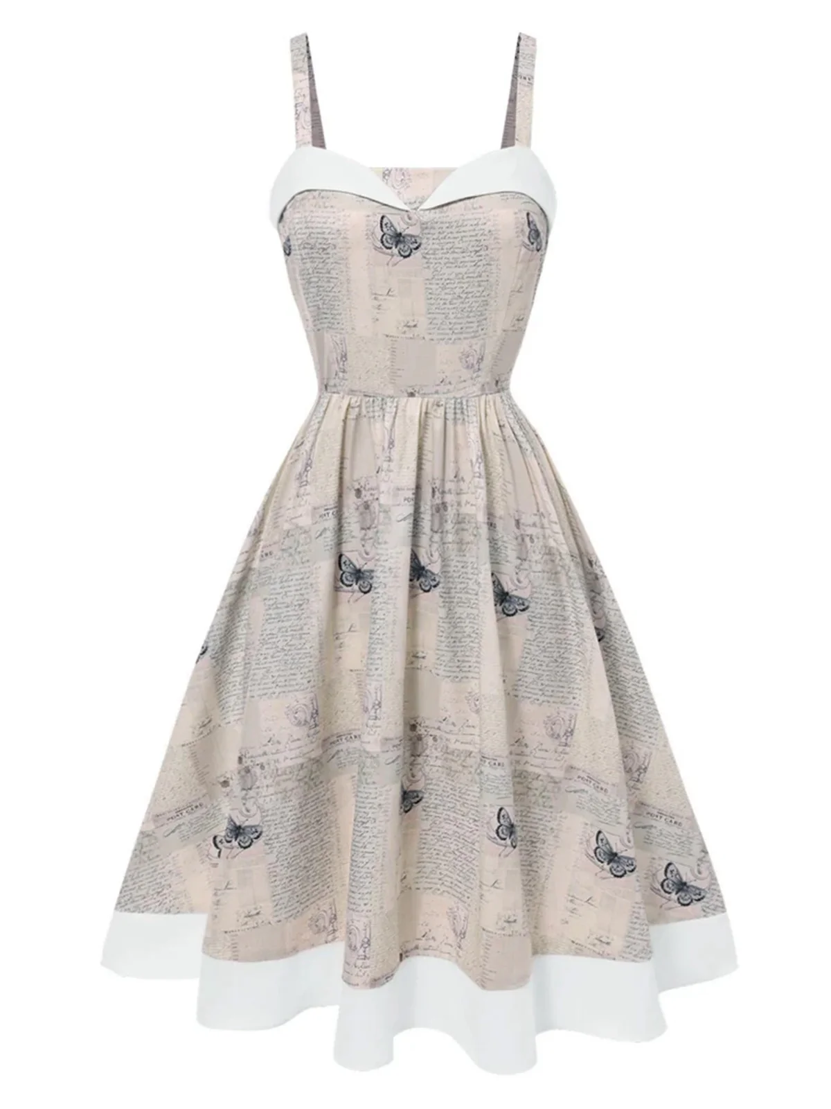 Khaki 1950er Zeitung Schmetterling Patchwork Kleid - Image 5