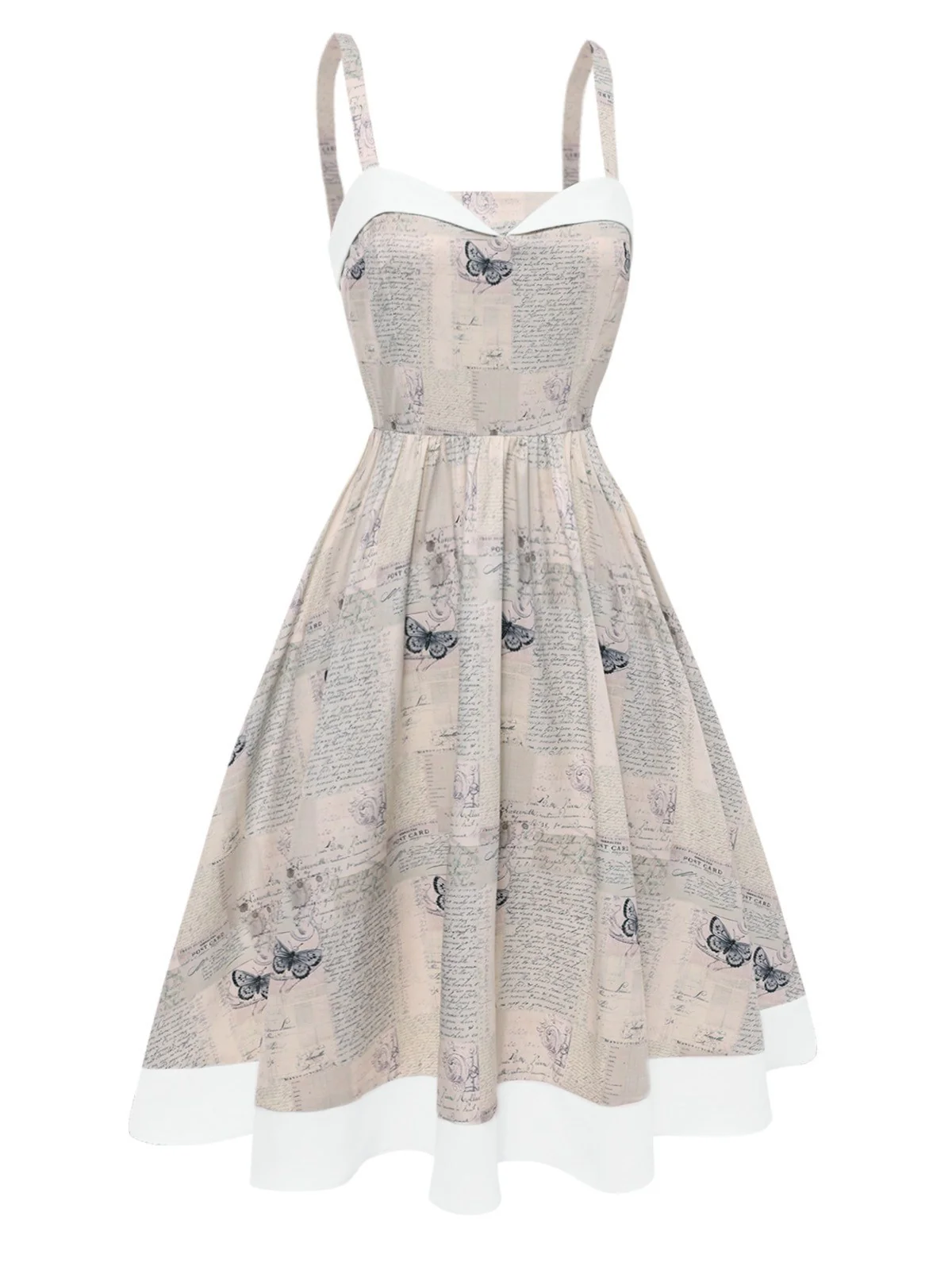 Khaki 1950er Zeitung Schmetterling Patchwork Kleid - Image 6