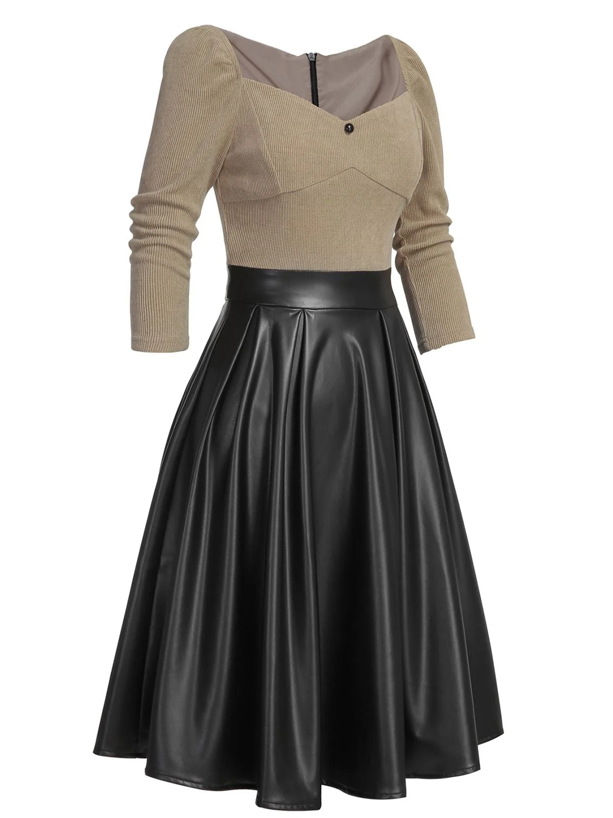Khaki 1950er Gestrickt Leder Patchwork Kleid - Image 3