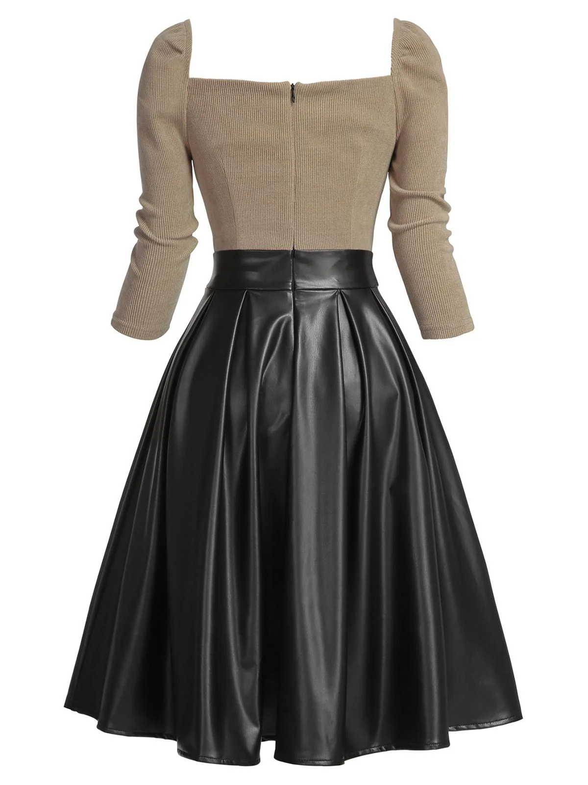 Khaki 1950er Gestrickt Leder Patchwork Kleid - Image 4