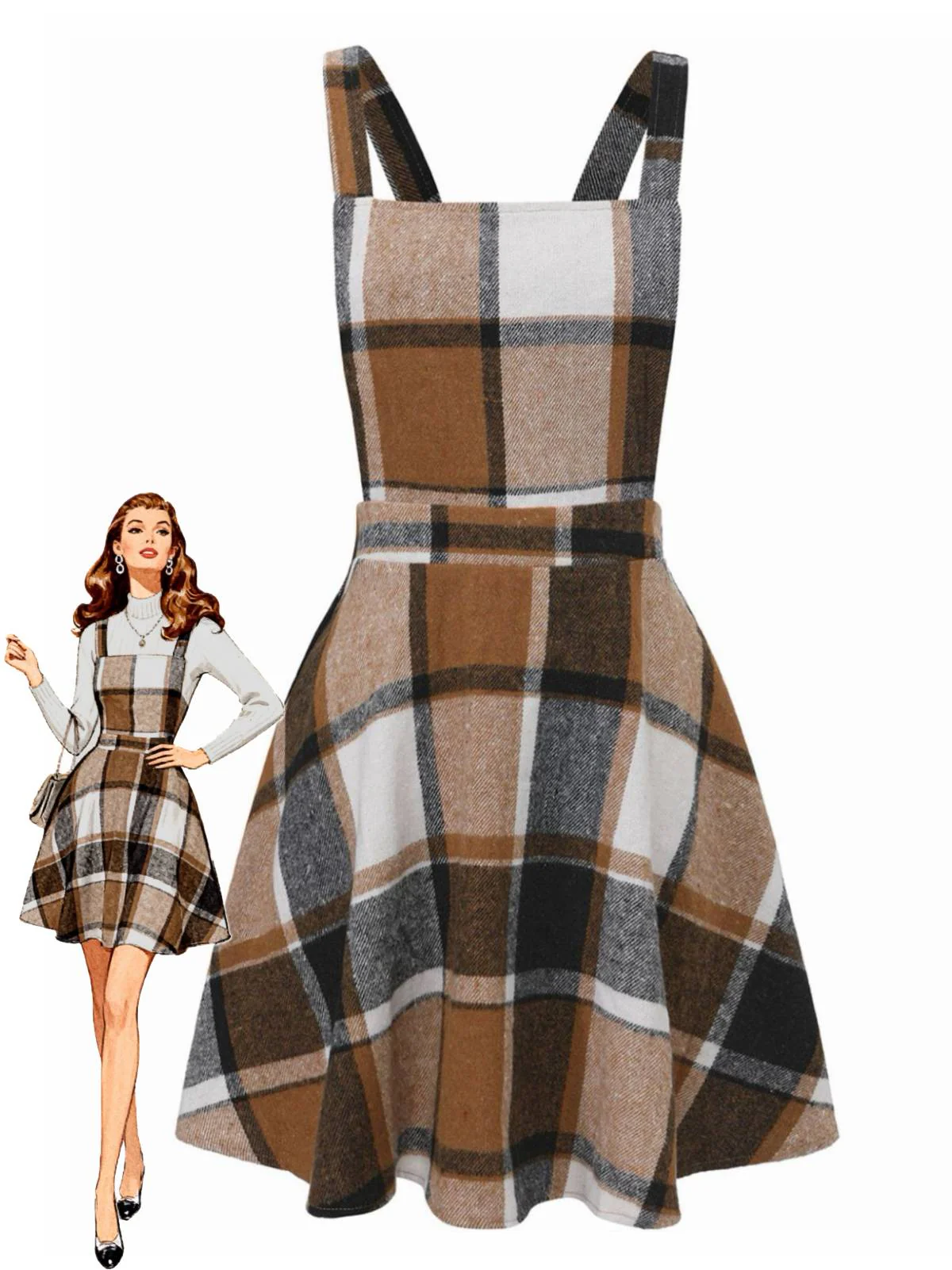 Khaki 1960er Quadratischer Hals Karo Overall Kleid