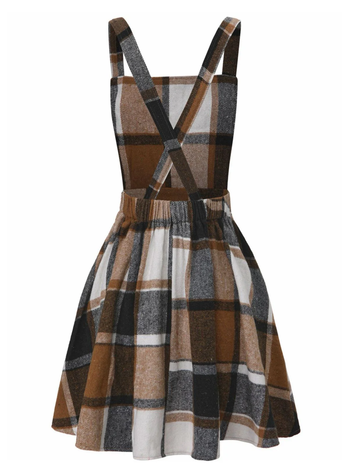 Khaki 1960er Quadratischer Hals Karo Overall Kleid - Image 3