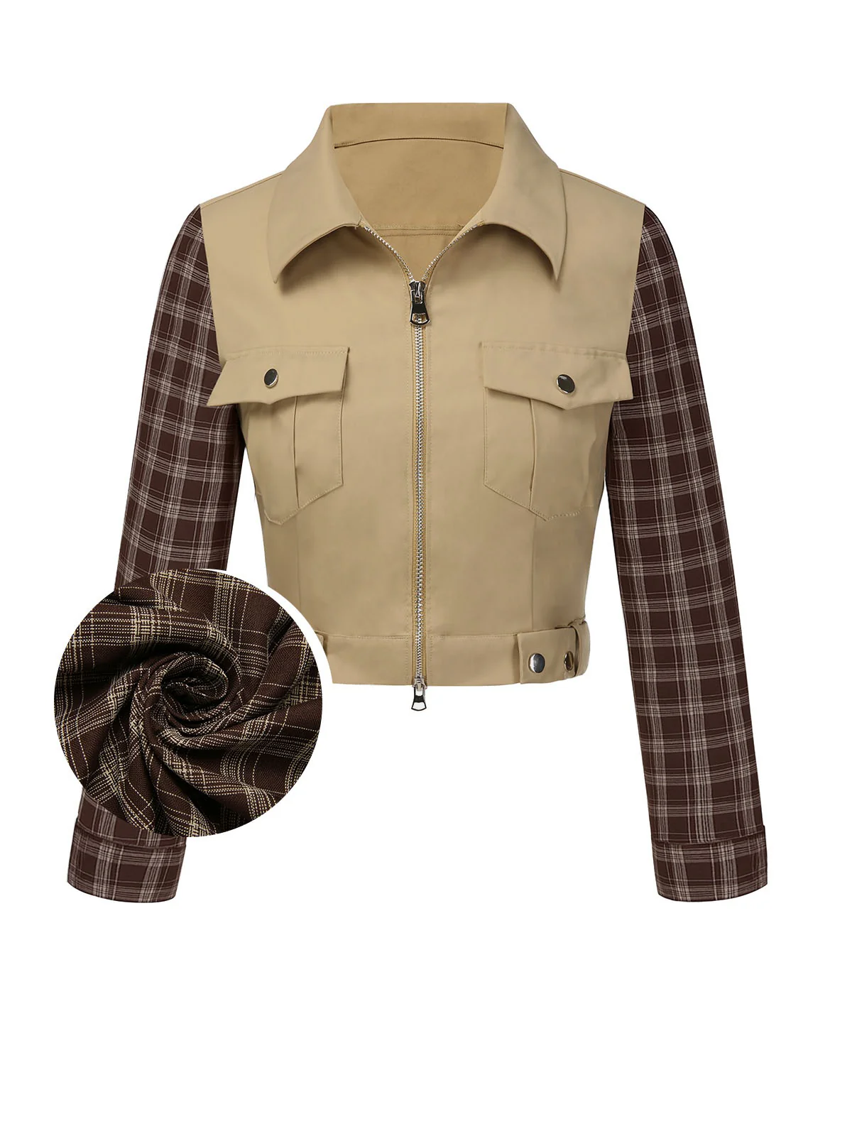 Khaki 1960er Revers Tartan Plaids Reißverschluss Jacke - Image 2