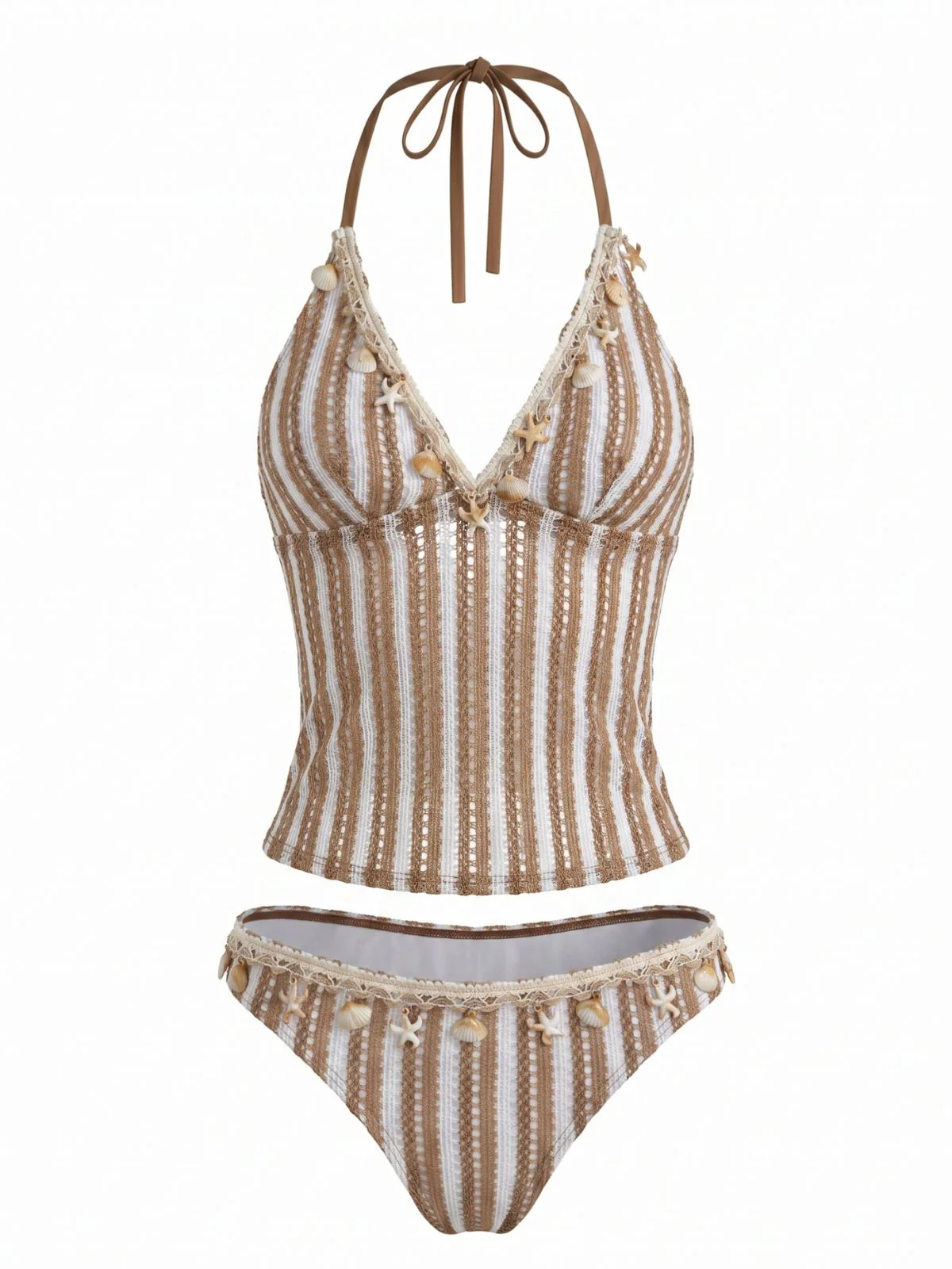Khaki 50er Tankini-Set mit Streifen und 3D-Muscheln - Image 2