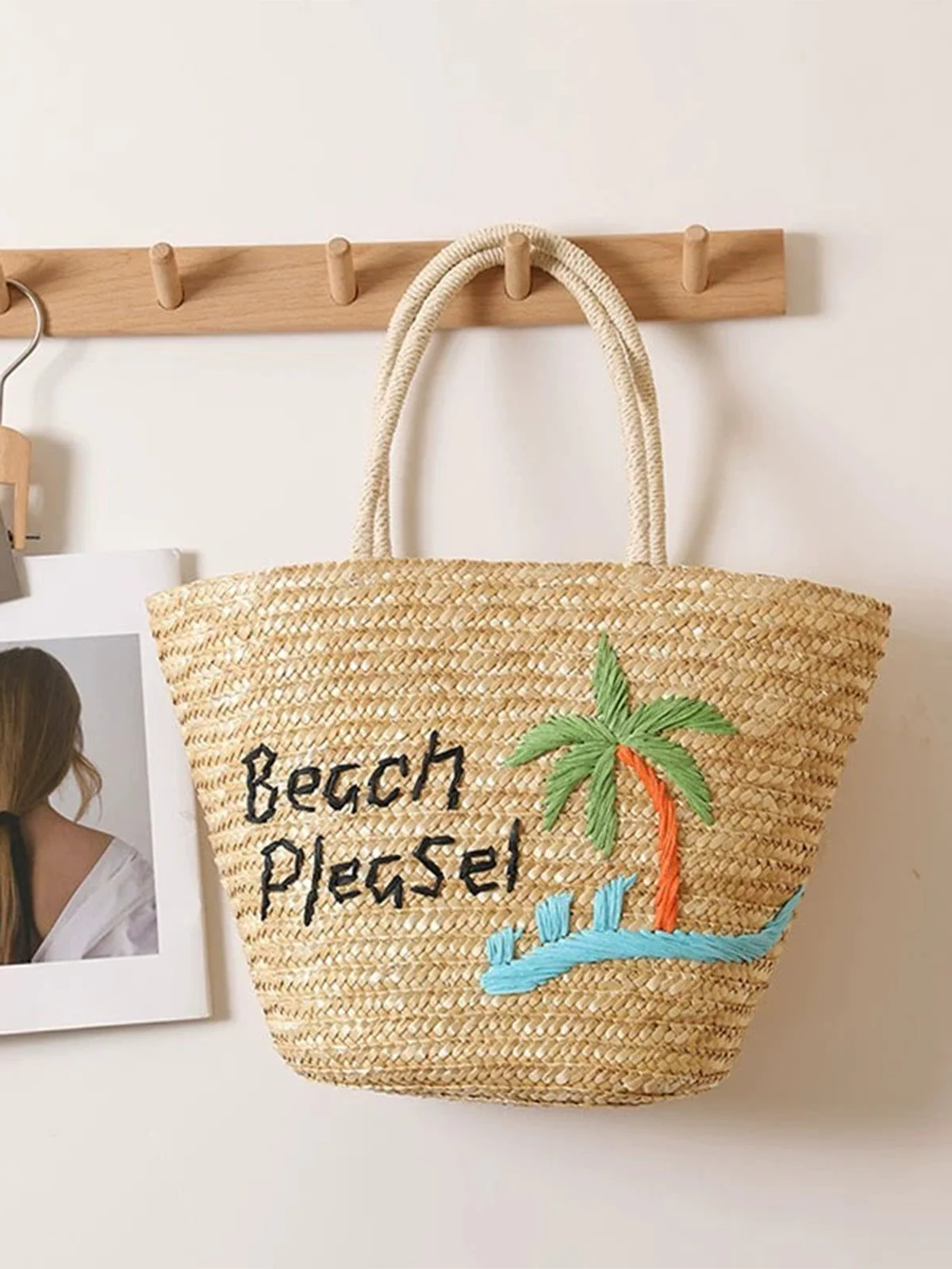 Khaki Strohstrandtasche mit Palmen-Stickerei - Image 2