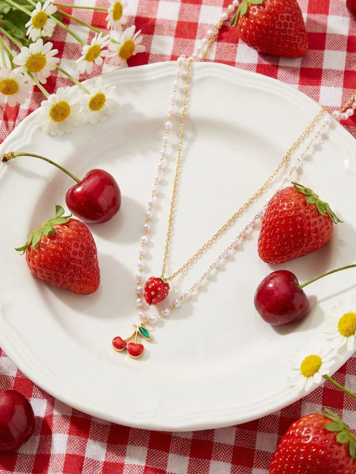 Kirschen Erdbeeren Perlen Anhänger Mehrreihige Halskette - Image 6
