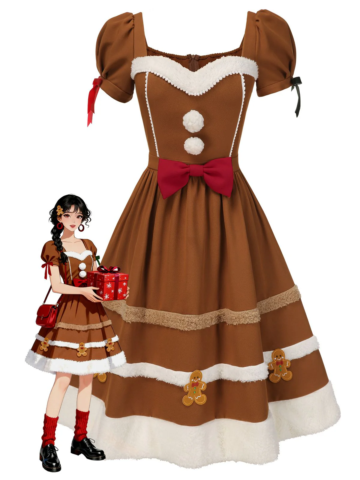 Kurkuma 1950er Lebkuchenmann Plüschbesatz Kleid