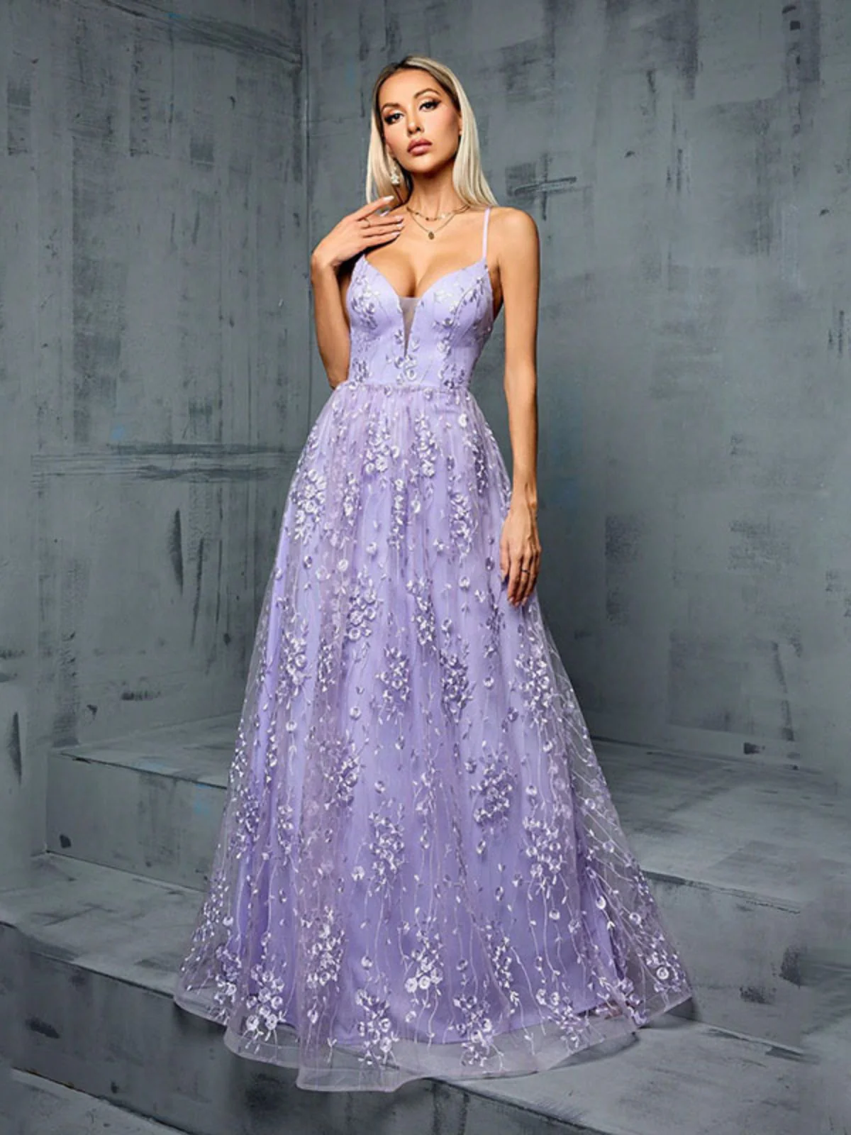 Lavendel 1930er Pailletten V-Ausschnitt Spaghetti Träger Kleid - Image 2