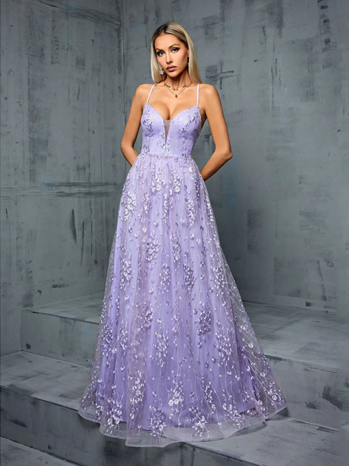 Lavendel 1930er Pailletten V-Ausschnitt Spaghetti Träger Kleid - Image 4