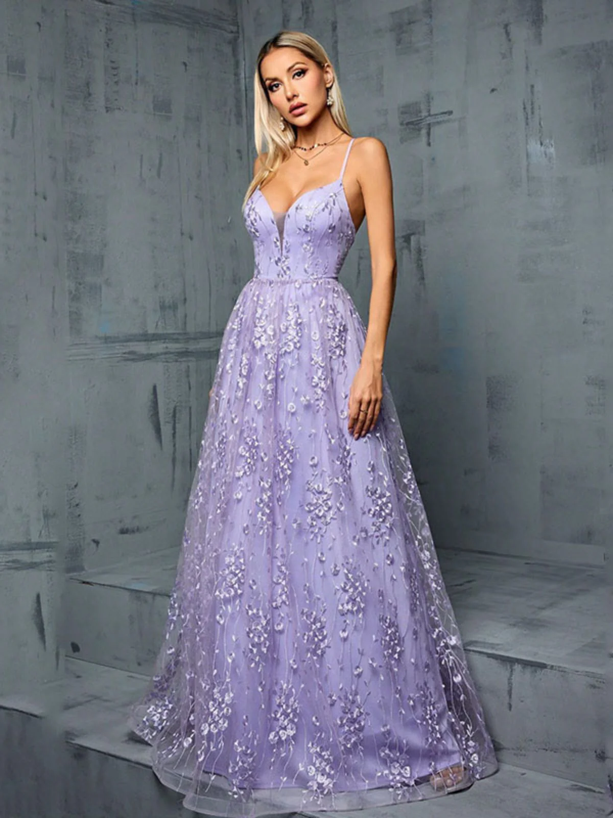 Lavendel 1930er Pailletten V-Ausschnitt Spaghetti Träger Kleid - Image 6