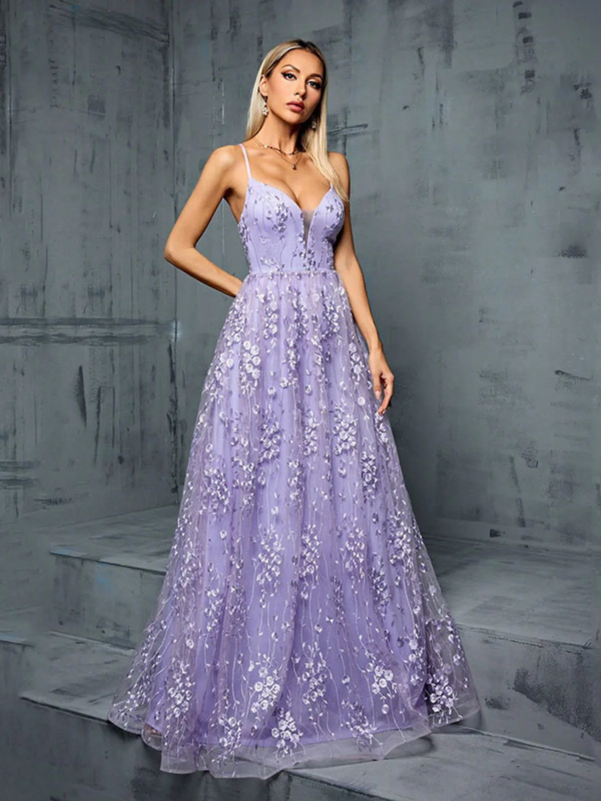 Lavendel 1930er Pailletten V-Ausschnitt Spaghetti Träger Kleid - Image 8