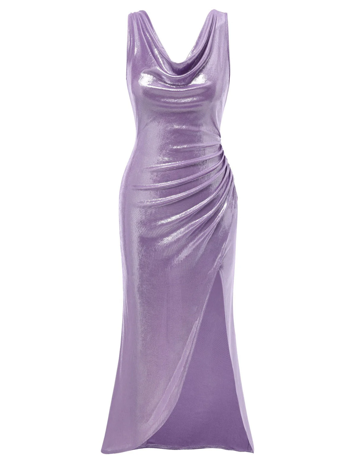 Lavendel 1960er Wasserfallausschnitt Hoher-Schlitz Perlglanz Kleid - Image 3