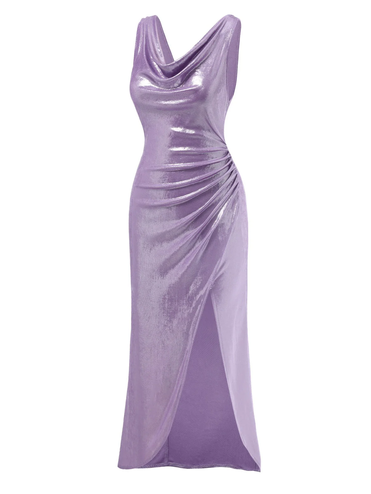 Lavendel 1960er Wasserfallausschnitt Hoher-Schlitz Perlglanz Kleid - Image 4