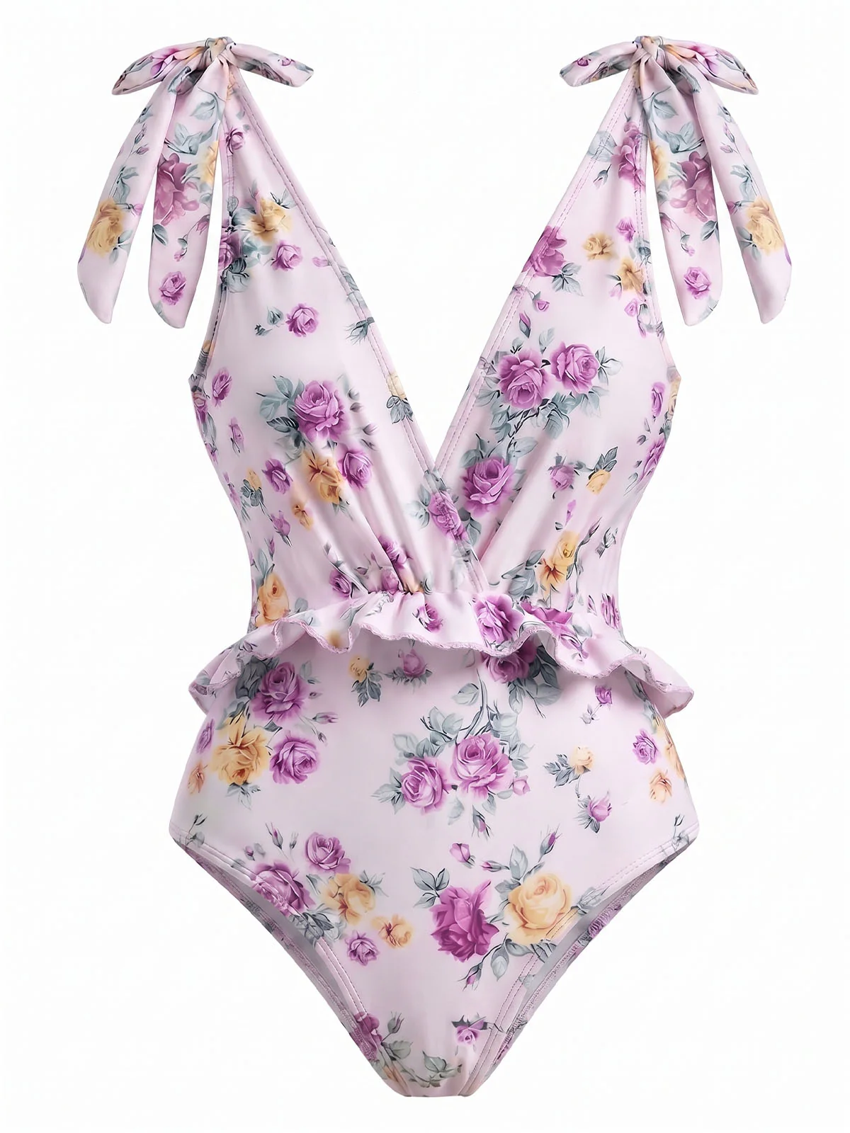 [Vorverkauf] Lavendel 70er Badeanzug & Cover-Up mit Blumen und Asymmetrisch - Image 2