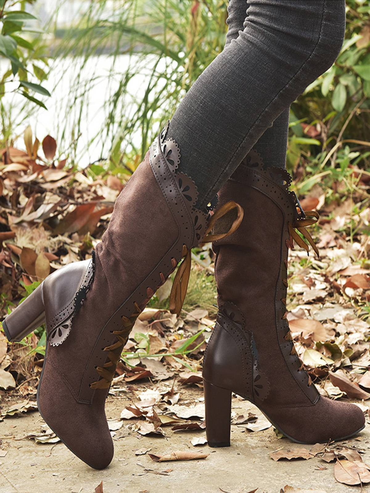 Leder Blütenblattrand Schnürung Halbhohe Stiefel - Image 3