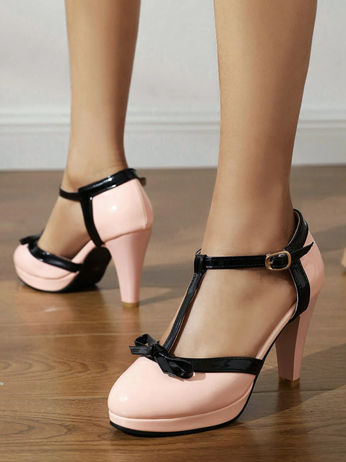 Leder Bogen Runde Zehe Schnalle T-Riemen Heels - Image 3