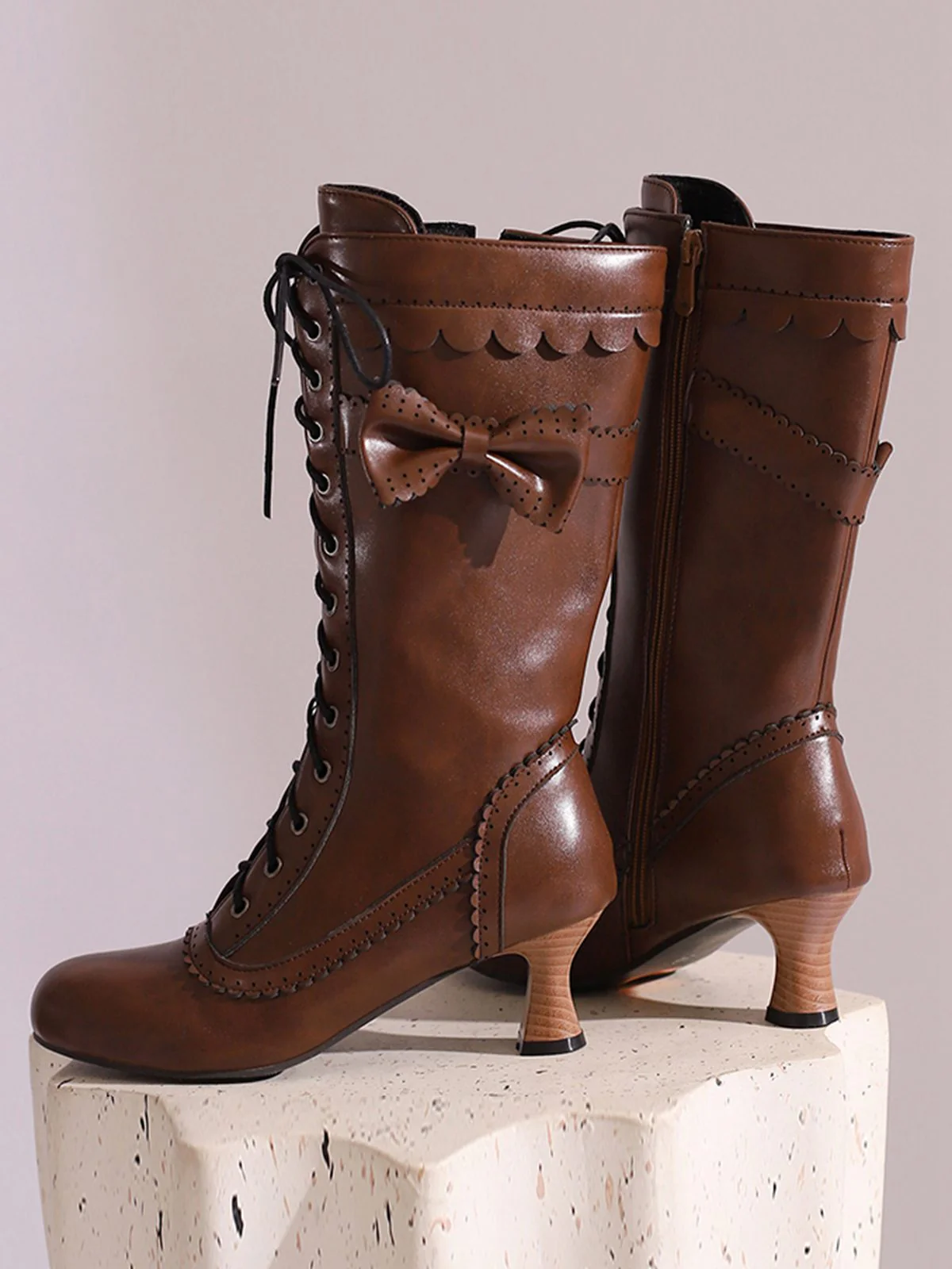 Leder Bogen Schnürung Wadenhohe Stiefel - Image 10