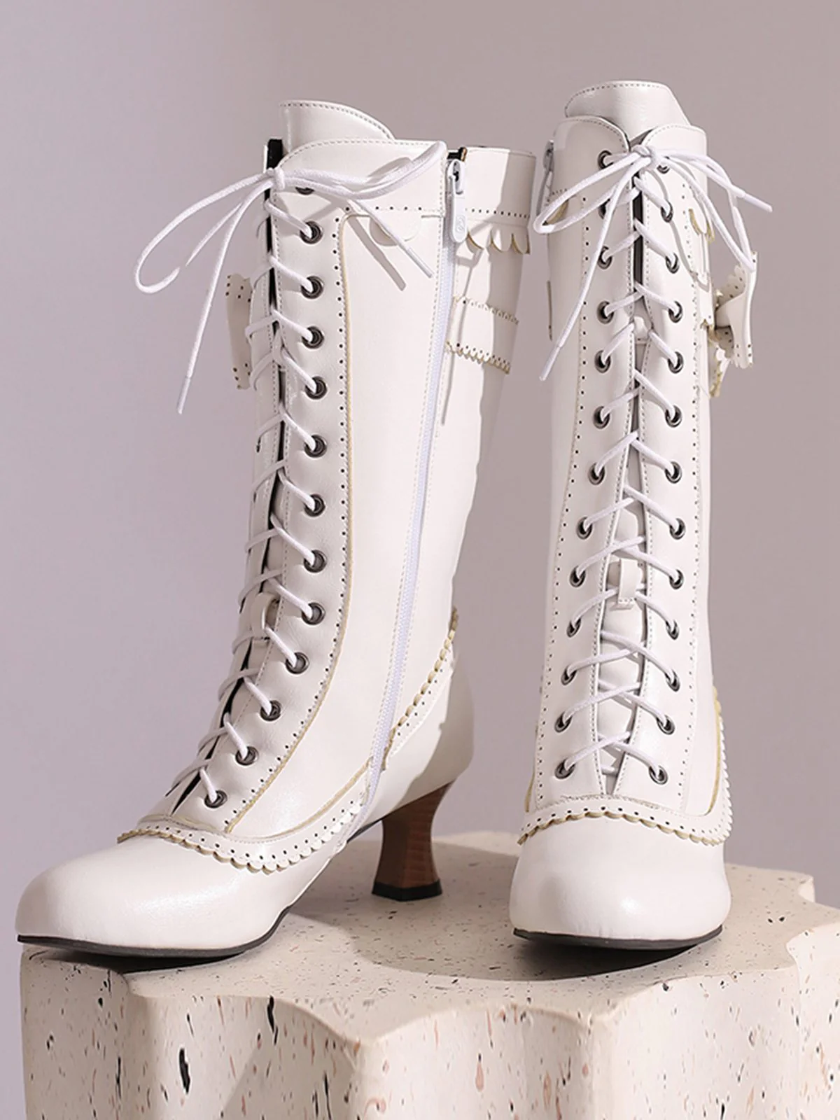 Leder Bogen Schnürung Wadenhohe Stiefel - Image 17
