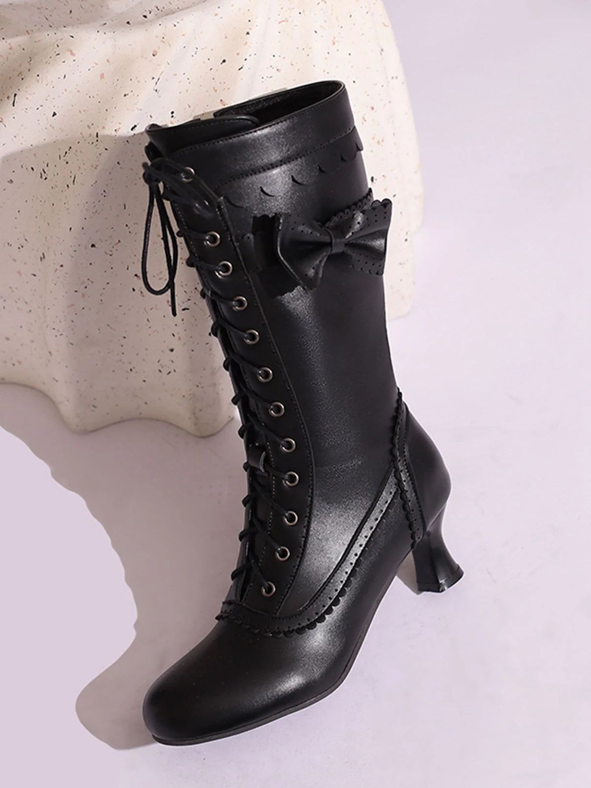 Leder Bogen Schnürung Wadenhohe Stiefel - Image 3