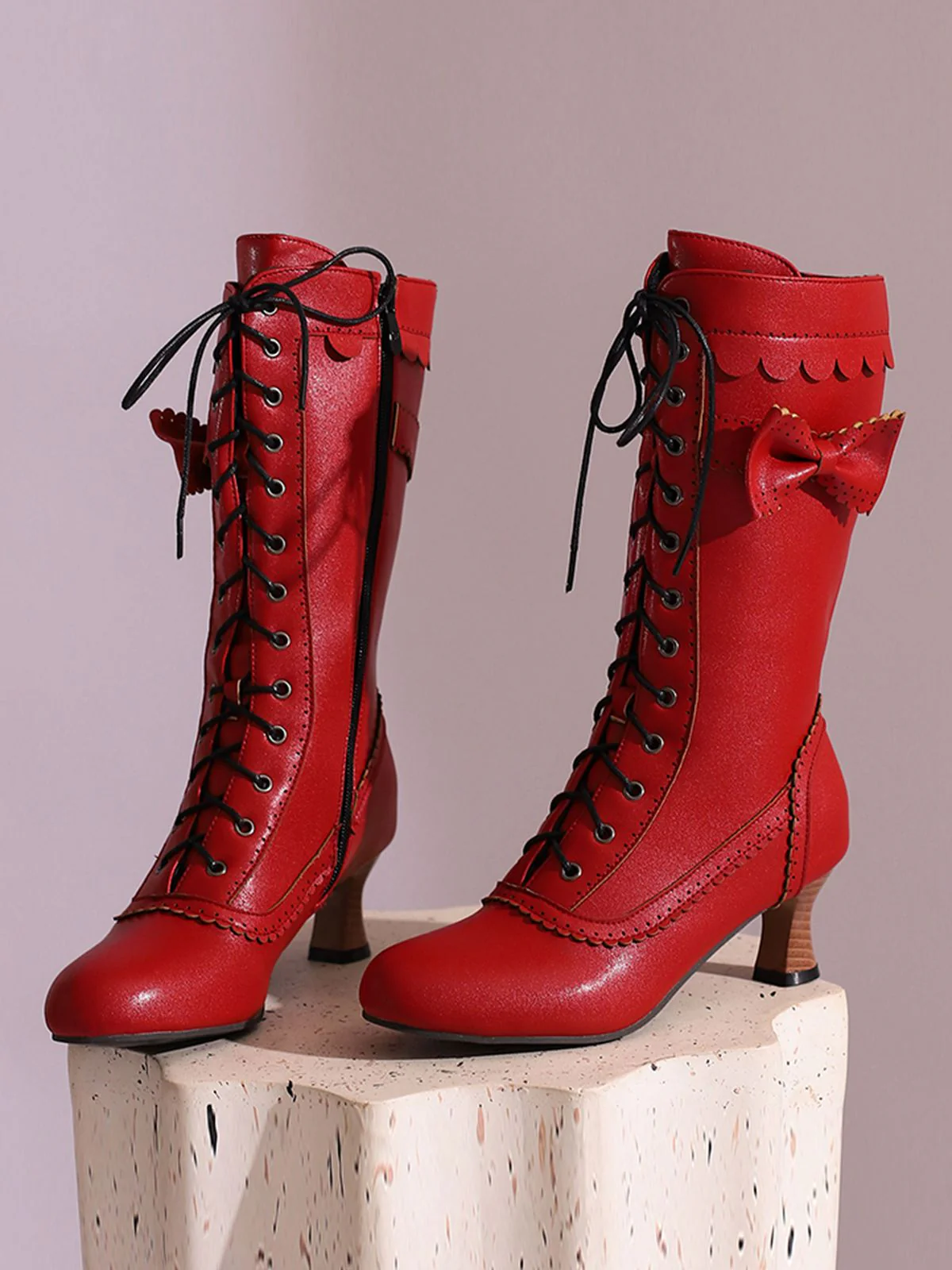 Leder Bogen Schnürung Wadenhohe Stiefel - Image 31