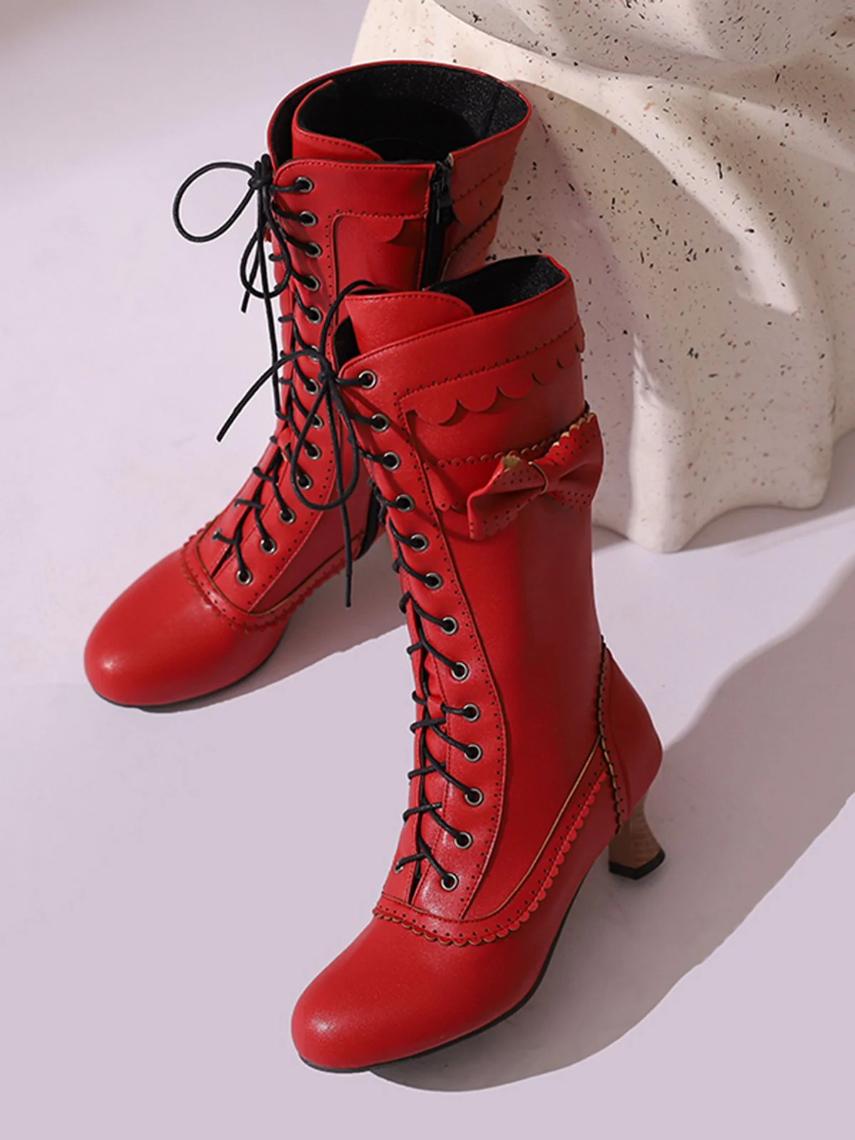 Leder Bogen Schnürung Wadenhohe Stiefel - Image 32