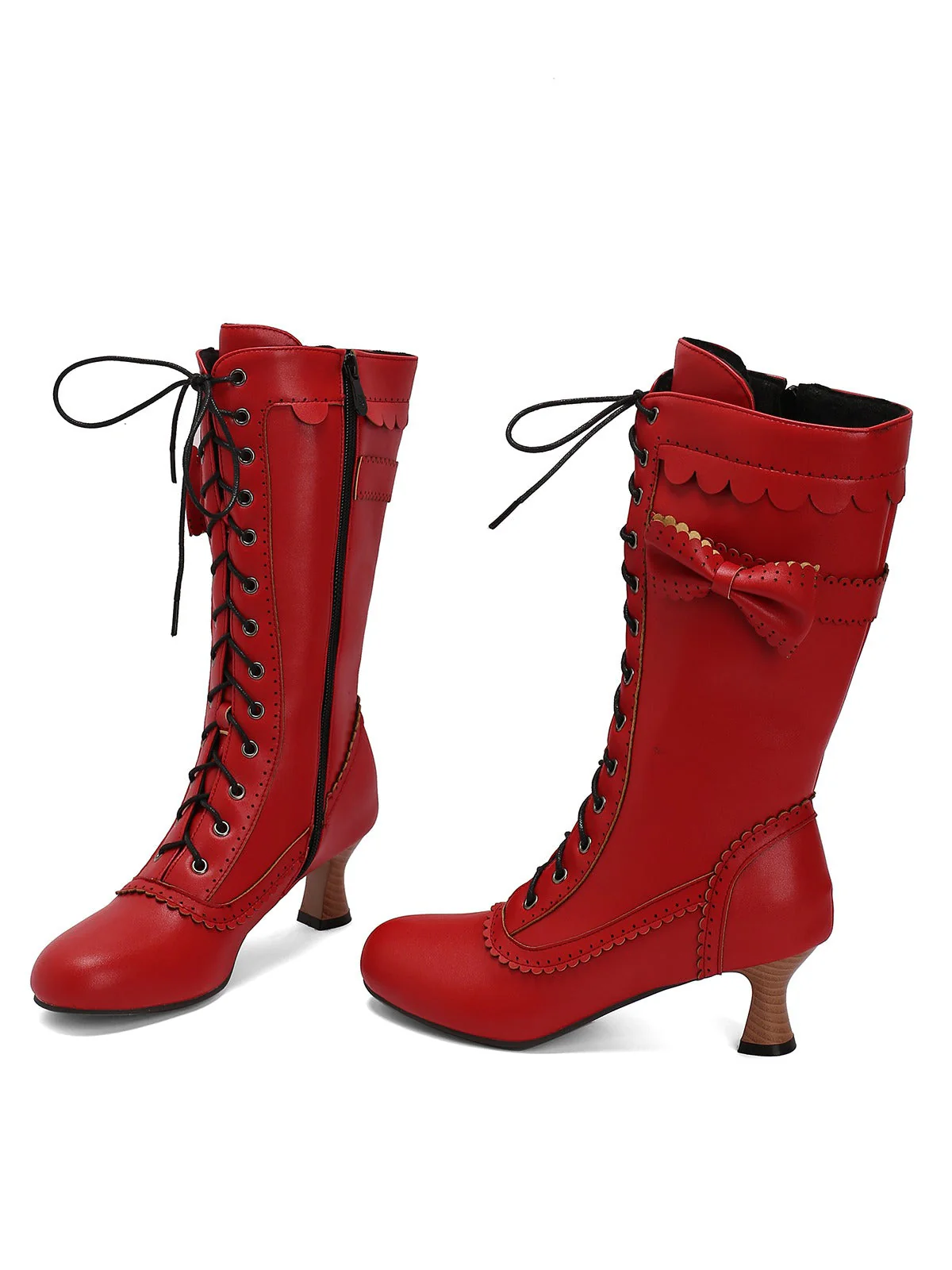 Leder Bogen Schnürung Wadenhohe Stiefel - Image 35