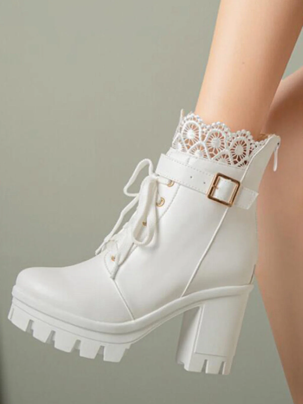 Leder Spitze Patchwork High Heel Ankle Stiefel - Image 4