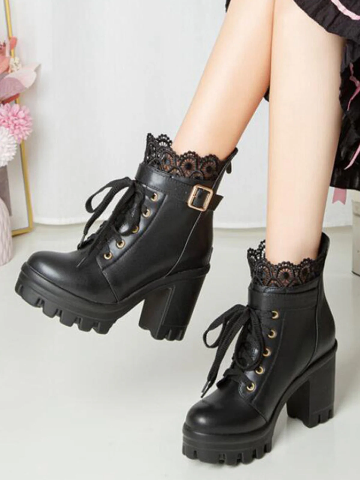 Leder Spitze Patchwork High Heel Ankle Stiefel - Image 5