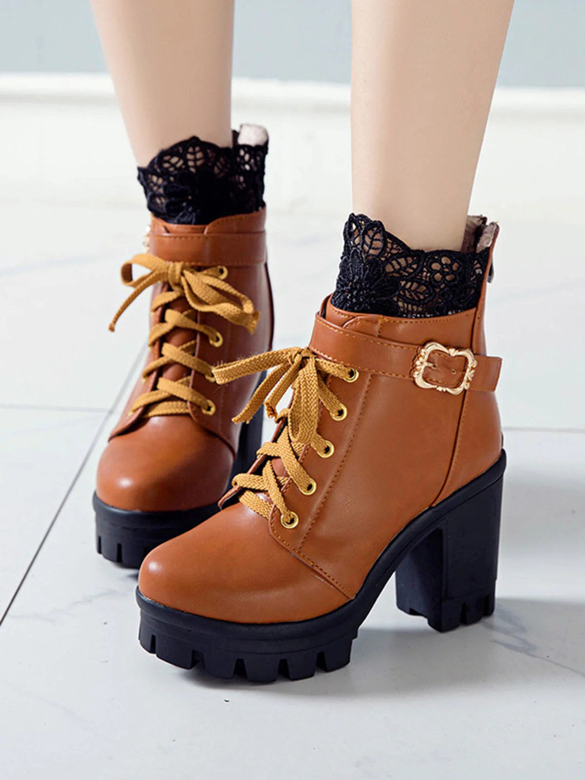 Leder Spitze Patchwork High Heel Ankle Stiefel - Image 6
