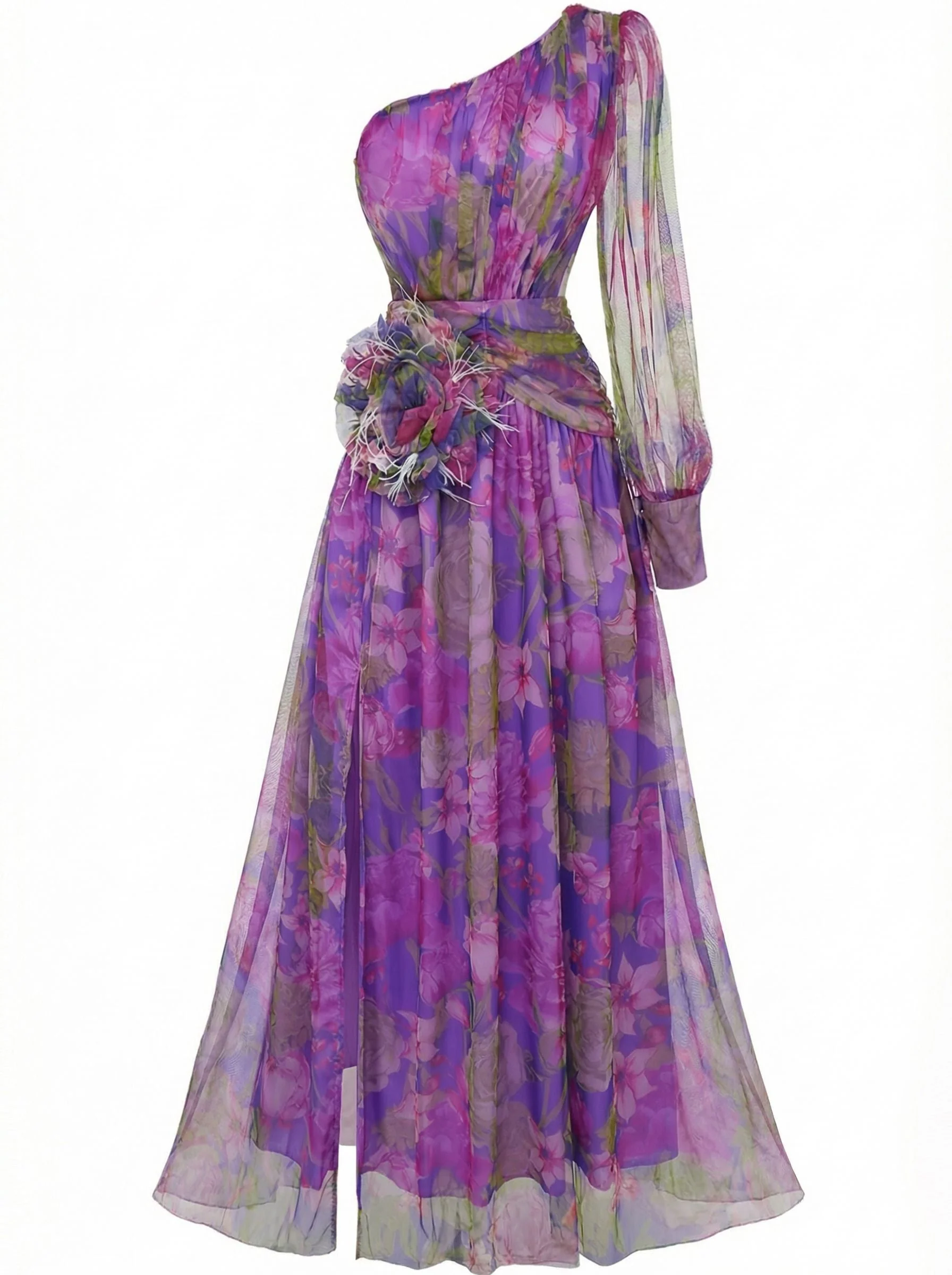 Lila 1930er Netz Eine Schulter 3D Blumen Abend Kleid - Image 2
