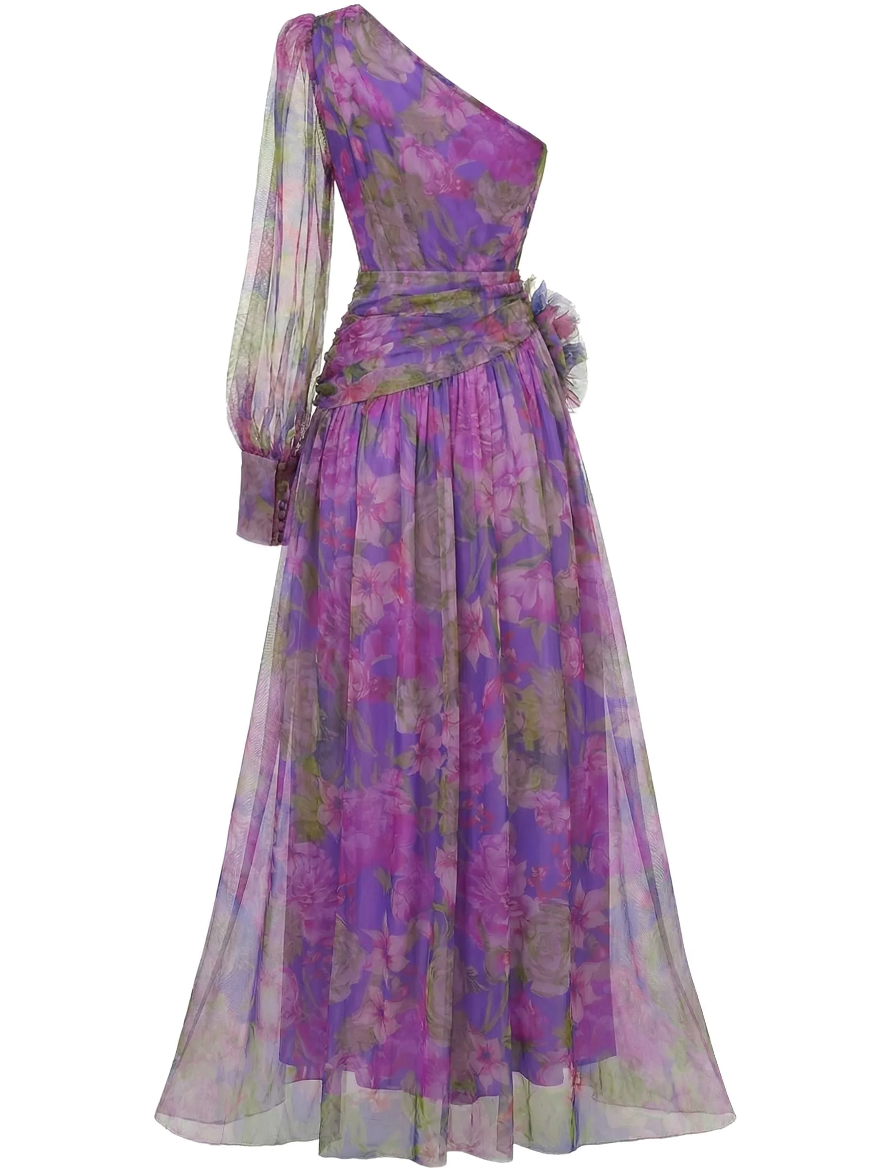Lila 1930er Netz Eine Schulter 3D Blumen Abend Kleid - Image 3