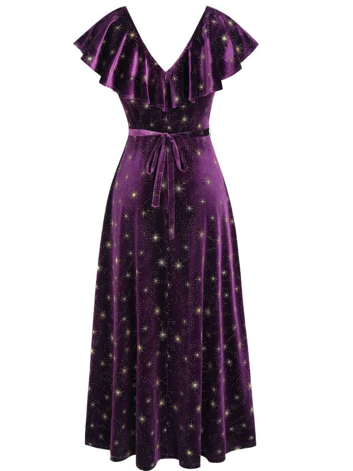 Lila 1940er Samt V-Ausschnitt Stern Rüschen Kleid - Image 2