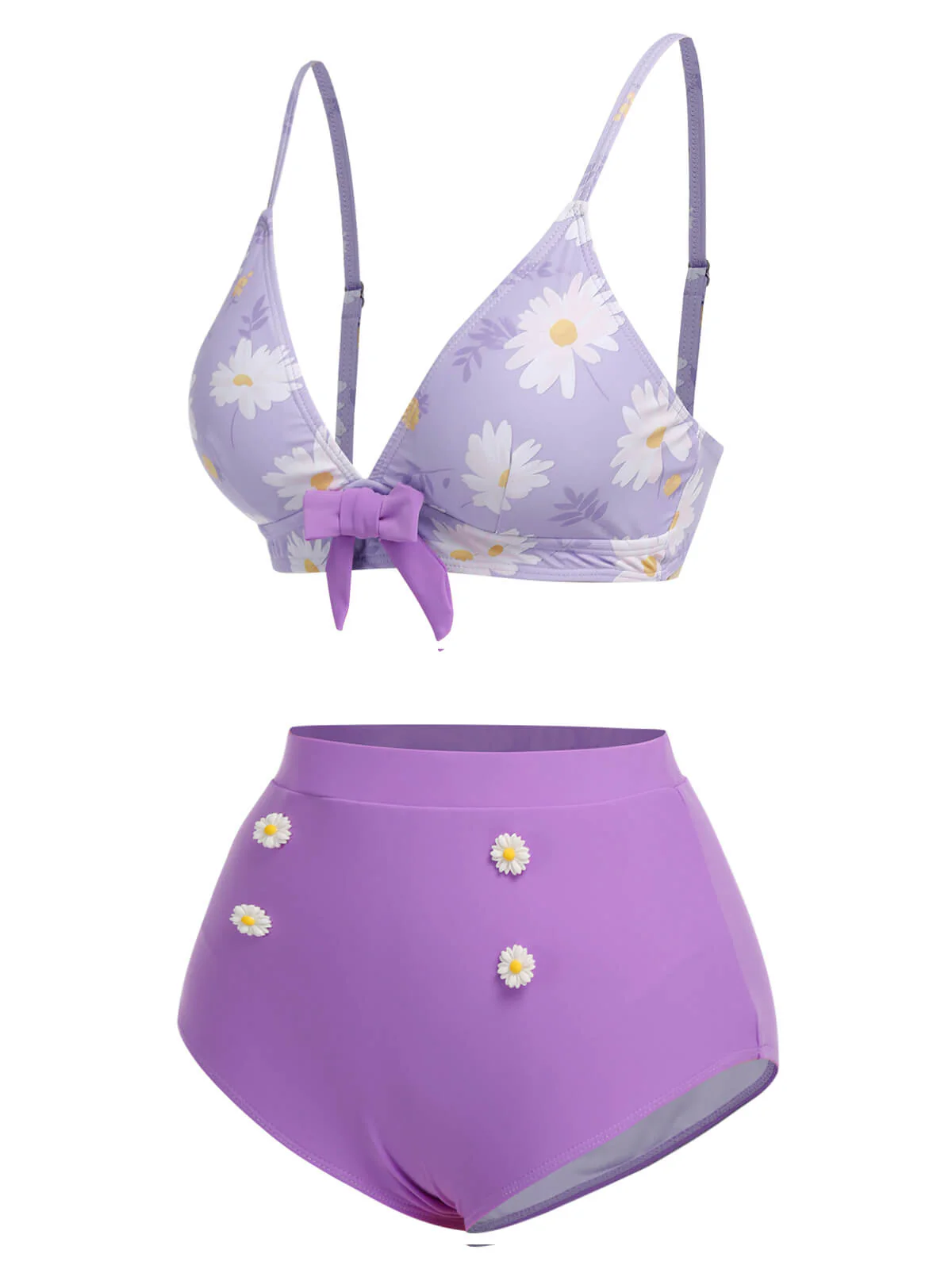 Lila 1950er Gänseblümchen Bogen Gurt Badeanzug - Image 3