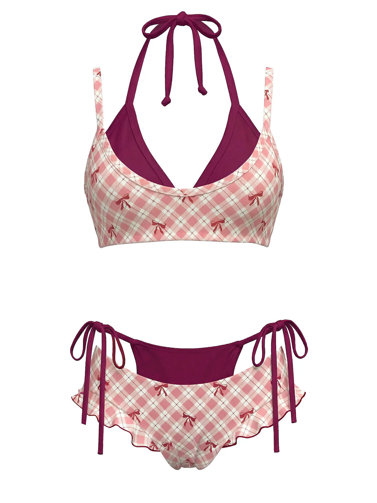 Rot 1950er Kariert Bogen Halter Doppelschicht Bikini Set - Image 4