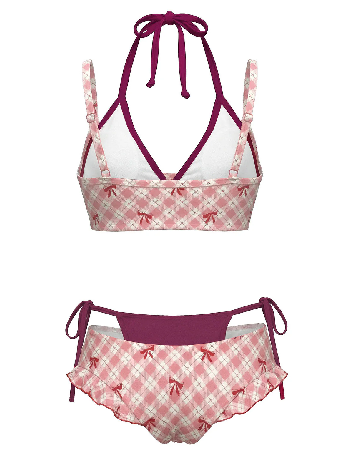 Rot 1950er Kariert Bogen Halter Doppelschicht Bikini Set - Image 5