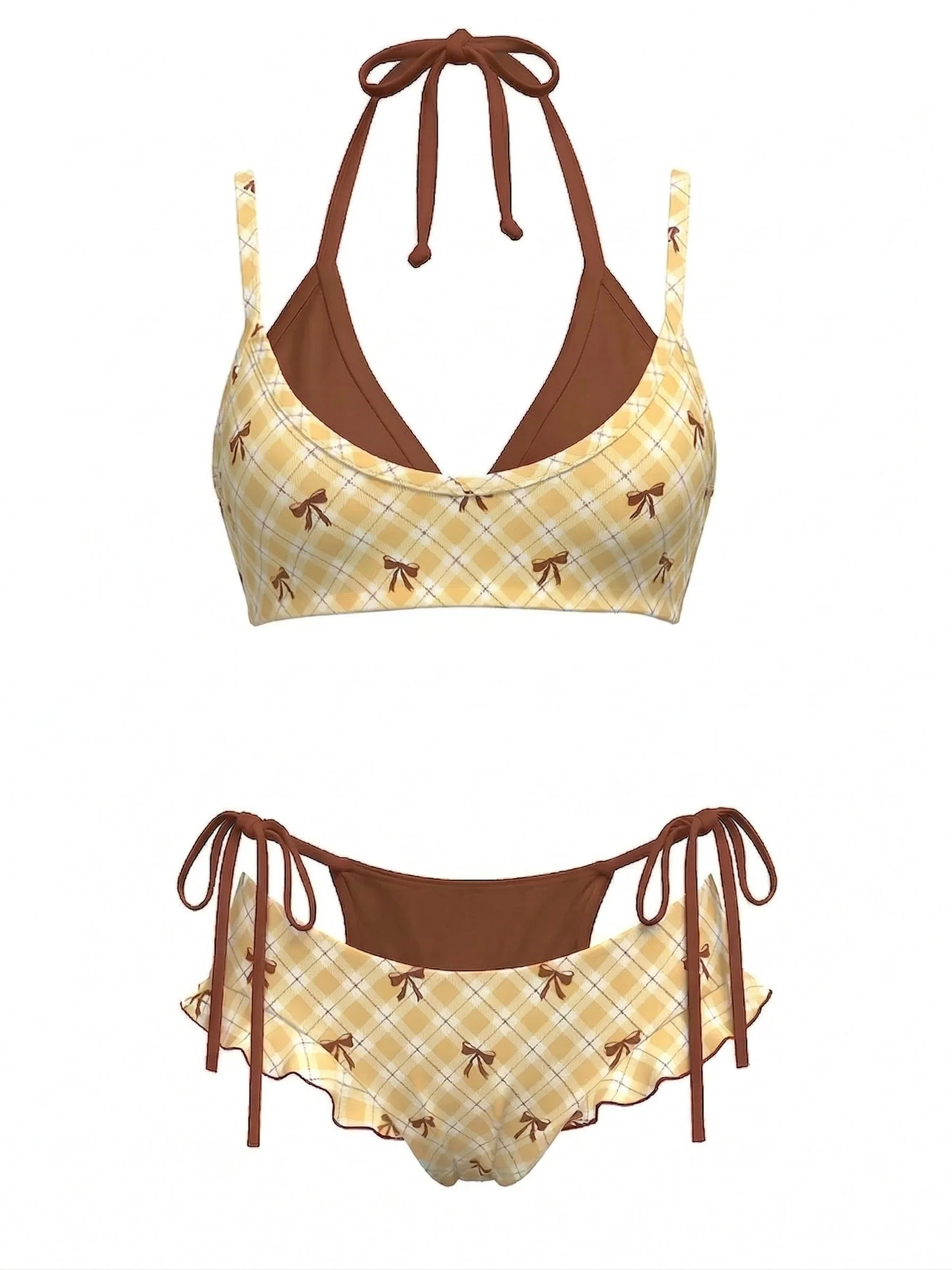 Rot 1950er Kariert Bogen Halter Doppelschicht Bikini Set - Image 3