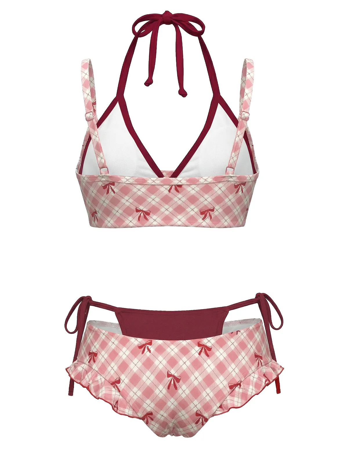 Rot 1950er Kariert Bogen Halter Doppelschicht Bikini Set - Image 2