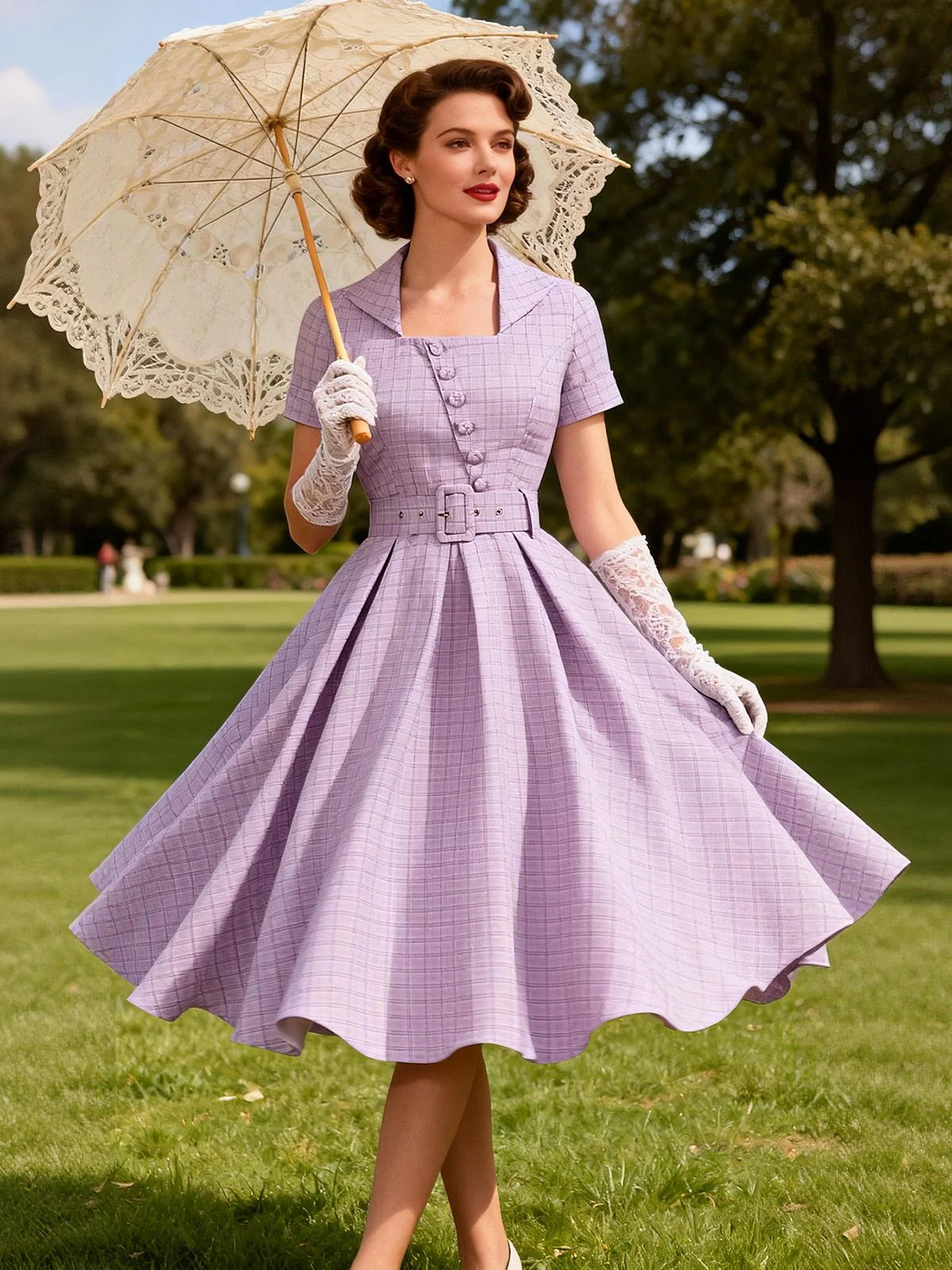 Lila 1950er Kariert Quadratischer Hals Knopf Swing Kleid - Image 2