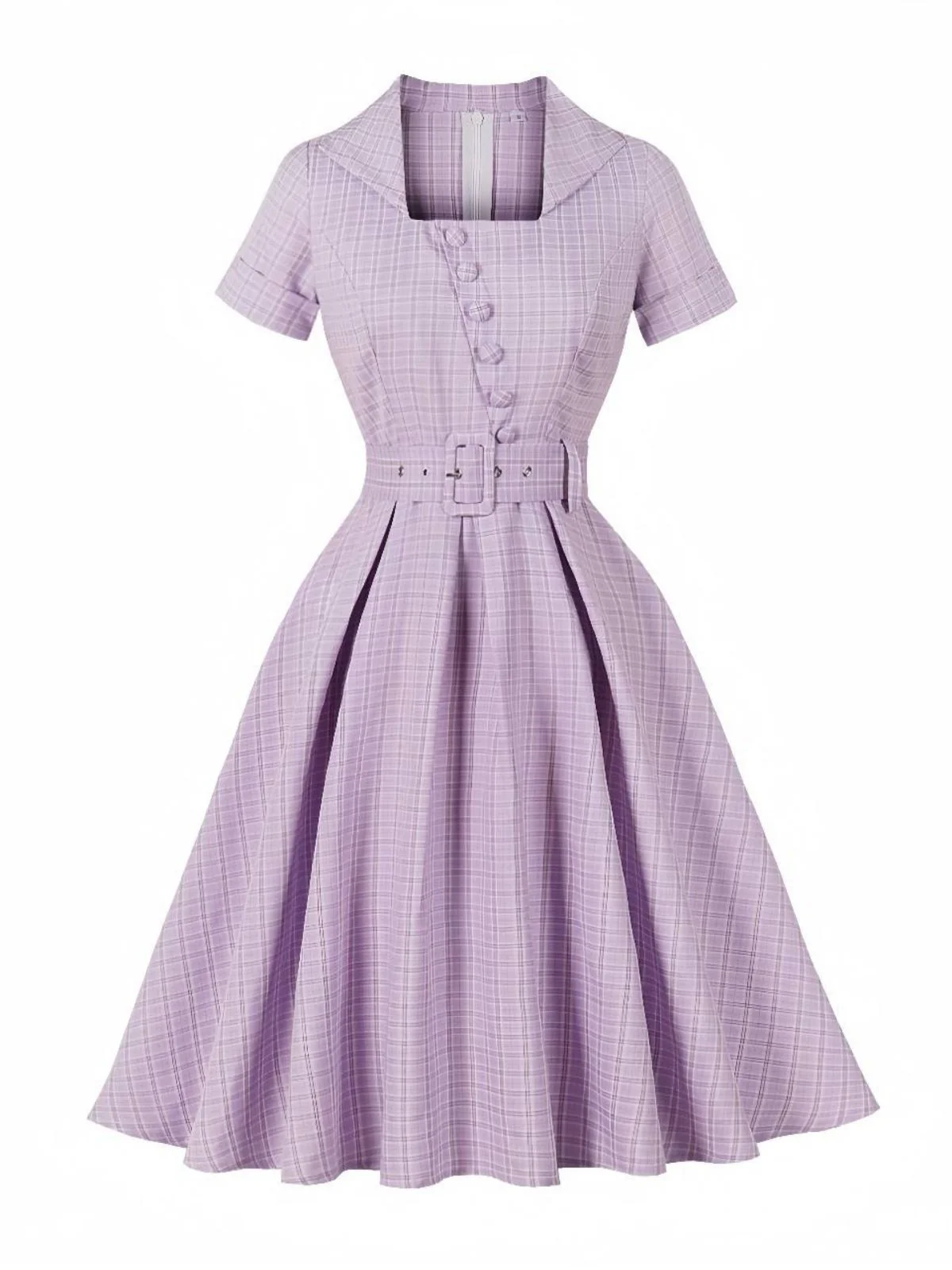 Lila 1950er Kariert Quadratischer Hals Knopf Swing Kleid - Image 3