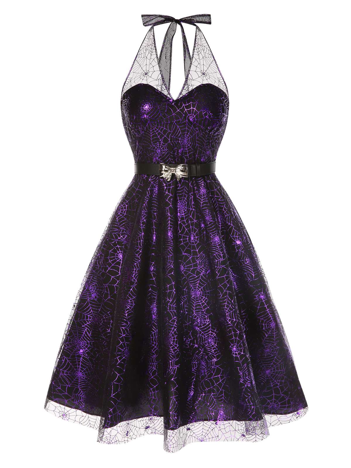 Lila 1950er Halloween Laser Masche Spinnennetz Halter Kleid - Image 2
