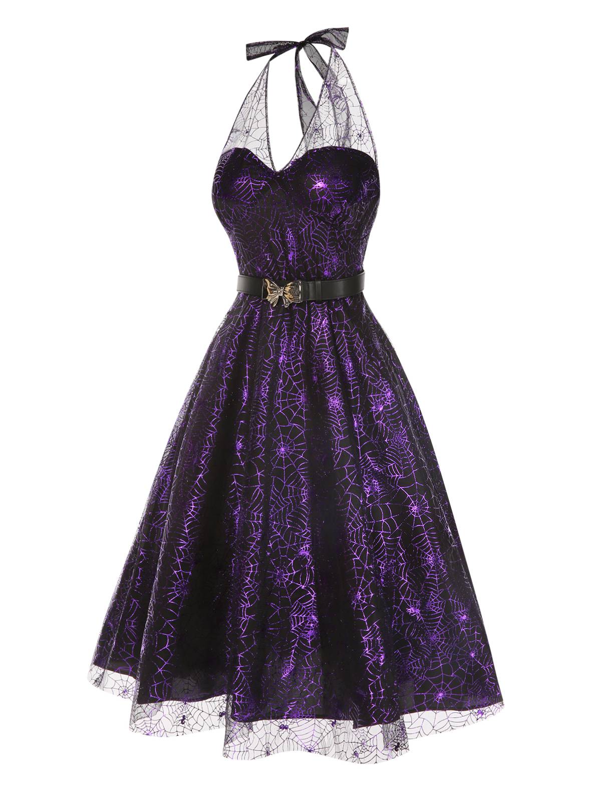 Lila 1950er Halloween Laser Masche Spinnennetz Halter Kleid - Image 4