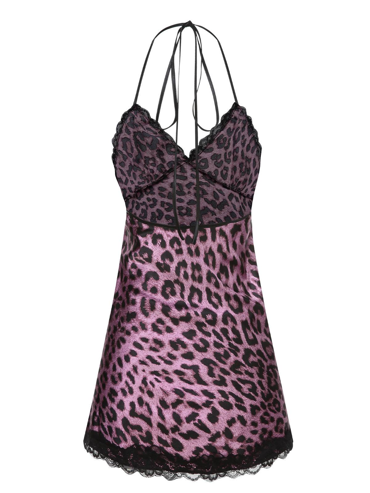 Lila 1950er Leopard Spitze Patchwork Träger Nachtwäsche - Image 3