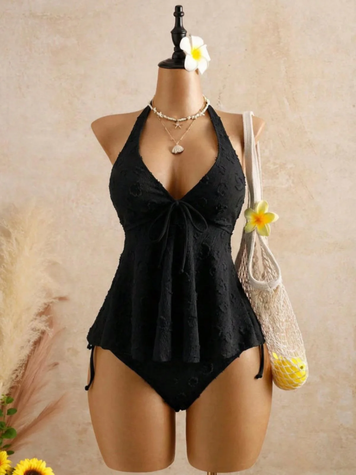 Hellgelb 1950er Strukturiert Blumen Halter Tiefer V Tankini Set - Image 10