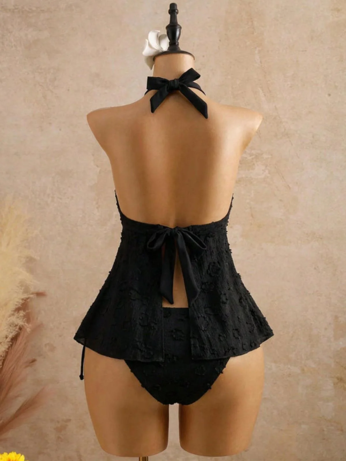 Hellgelb 1950er Strukturiert Blumen Halter Tiefer V Tankini Set - Image 11