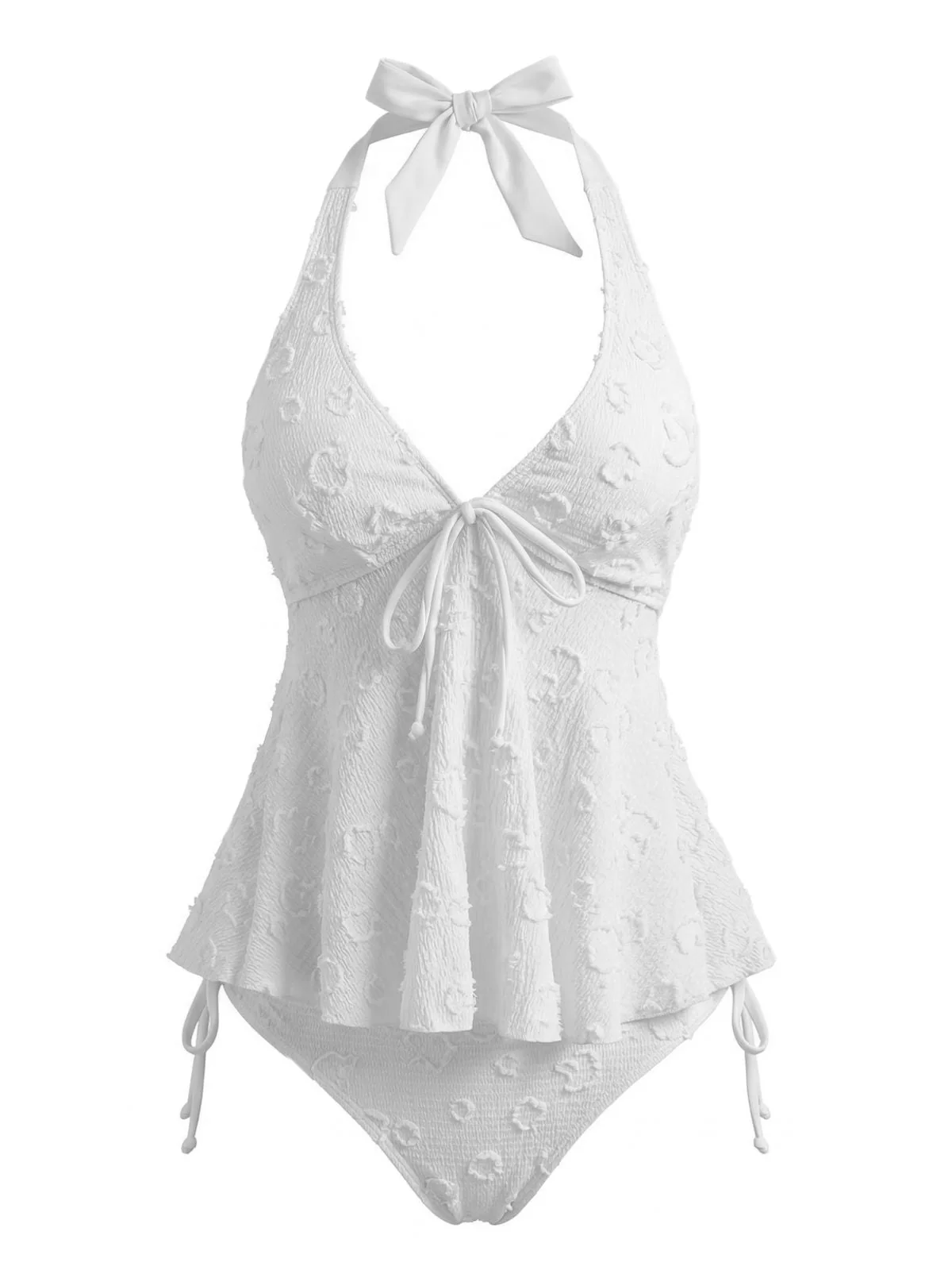 Hellgelb 1950er Strukturiert Blumen Halter Tiefer V Tankini Set - Image 12
