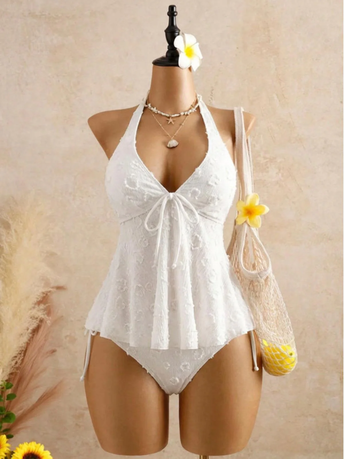 Hellgelb 1950er Strukturiert Blumen Halter Tiefer V Tankini Set - Image 13