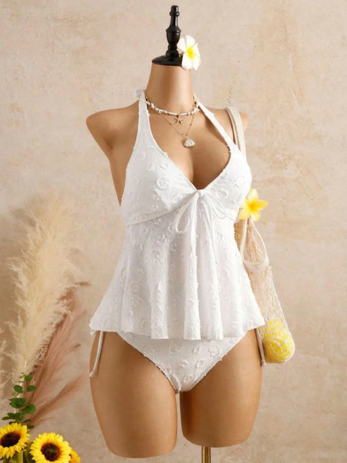 Hellgelb 1950er Strukturiert Blumen Halter Tiefer V Tankini Set - Image 14